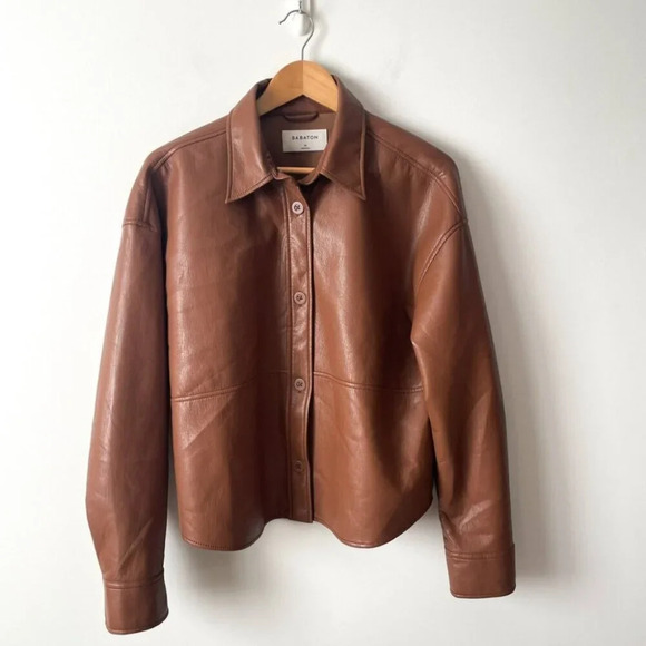 Aritzia Babaton Pelli Relaxed Vegan Leather Hip Shirt Jacket Brown Size Medium - Picture 6 of 10